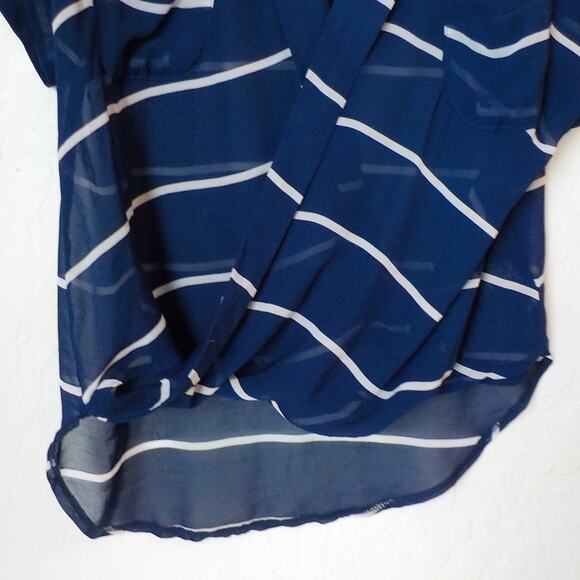 Papaya Blue Stripes Wrap Top Blouse High Low Hem Women size Medium Sheer Coastal - Picture 9 of 10